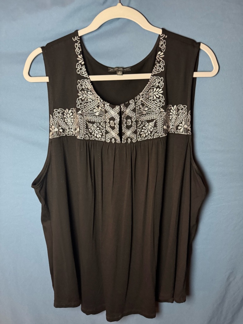 Adrianna Papell Black Sleeveless Embroidered Yoke Top